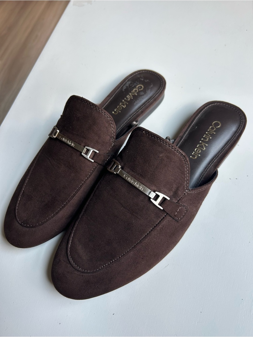Calvin Klein womens Dark Brown Suede Slip-On Mules with Silver Bit new WOT